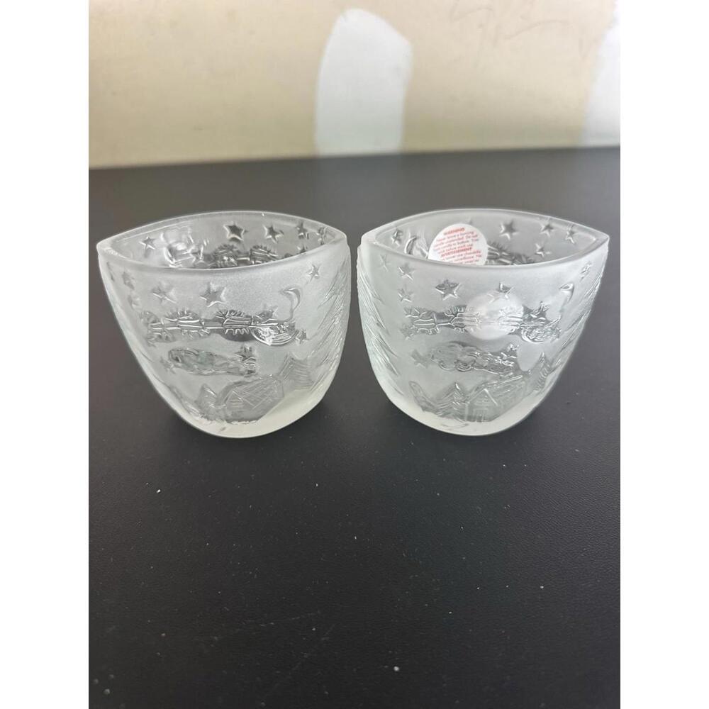 Christmas Oval Frosted Glass Votive Candle Holder Santa & Reindeer Flying